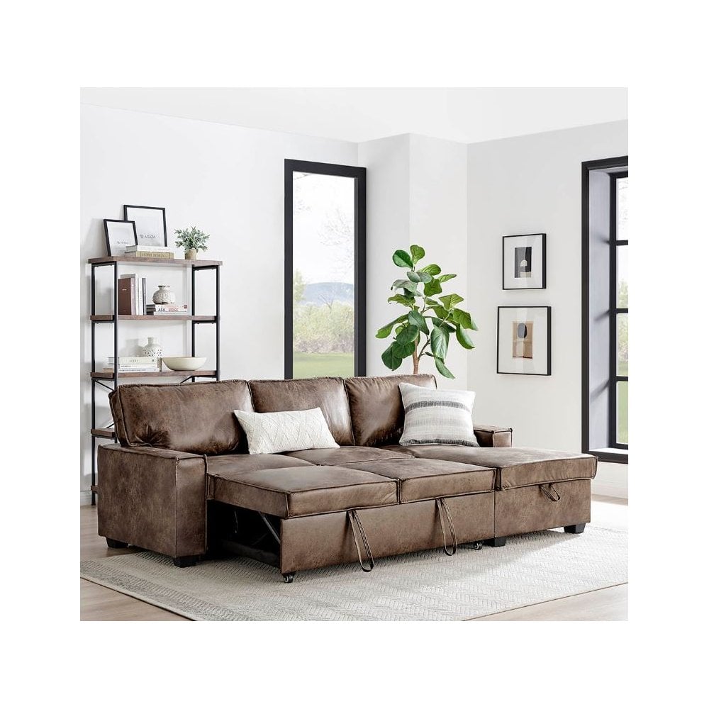 Havar Corner Sofa with Pull Out Sofa Bed & Storage - Brown Leather Aire (Right)