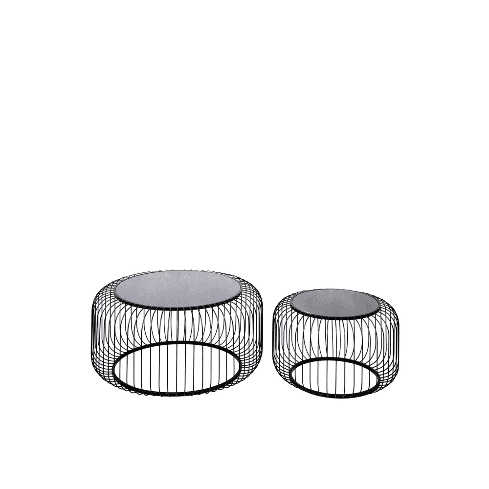 Set of 2 Black Metal Coffee Table with Black Glass Top
