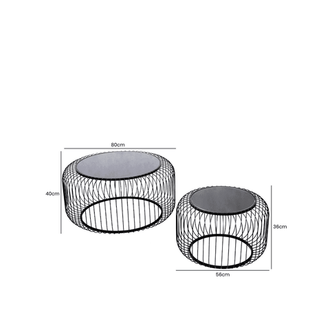 Set of 2 Black Metal Coffee Table with Black Glass Top