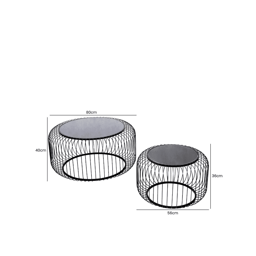 Set of 2 Black Metal Coffee Table with Black Glass Top
