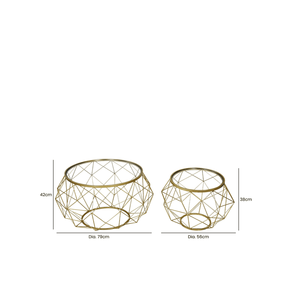 Set of 2 Gold Metal Mesh Coffee Table with Glass Top