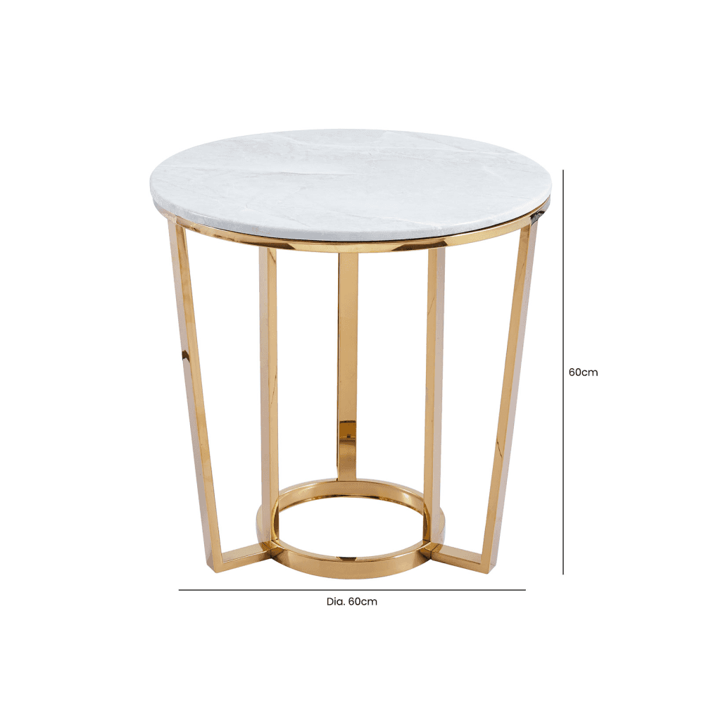 60cm Round Gold End Table with White Faux Marble Top - 2 Parts