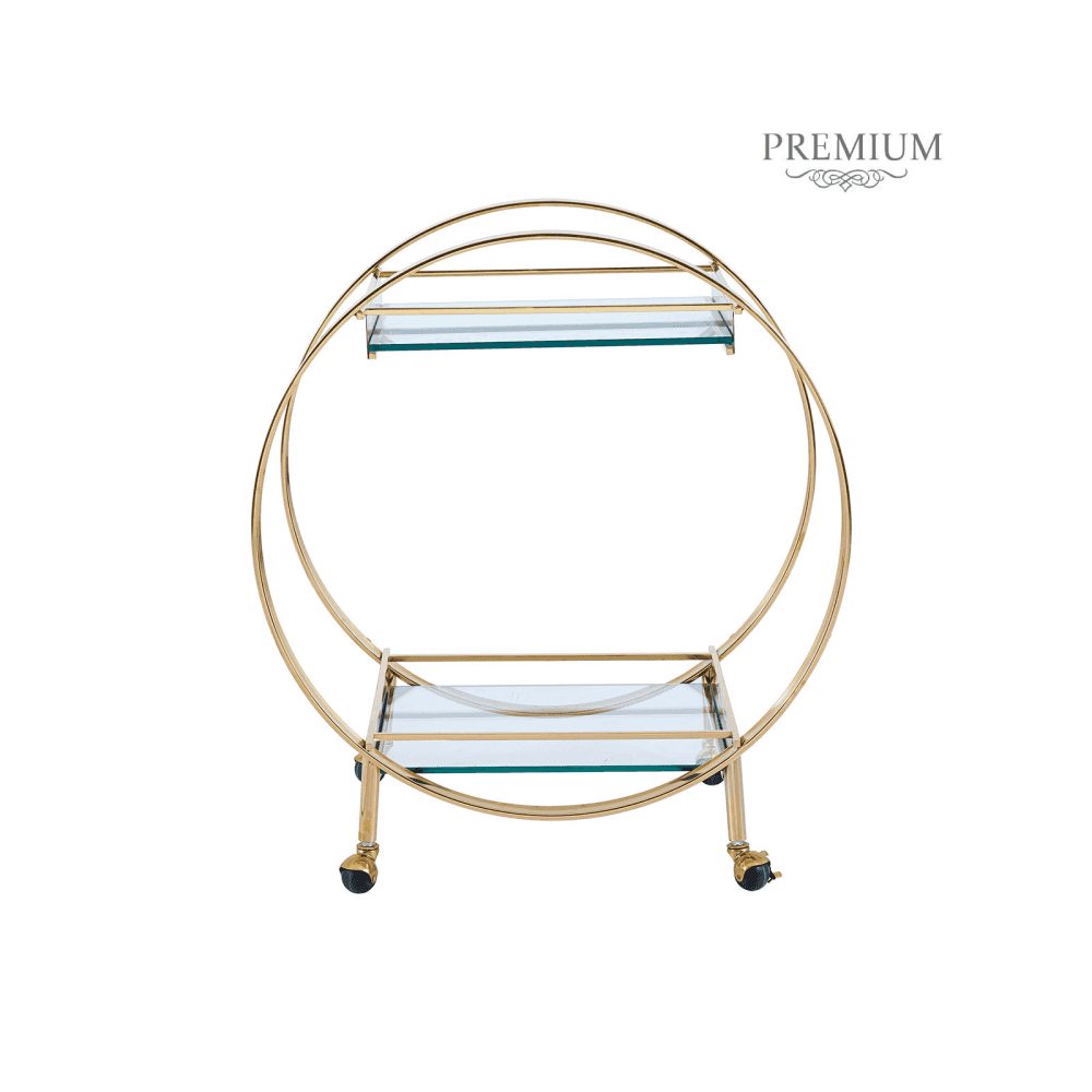 96cm Gold Metal and Clear Glass Drinks Trolley- 2Parts