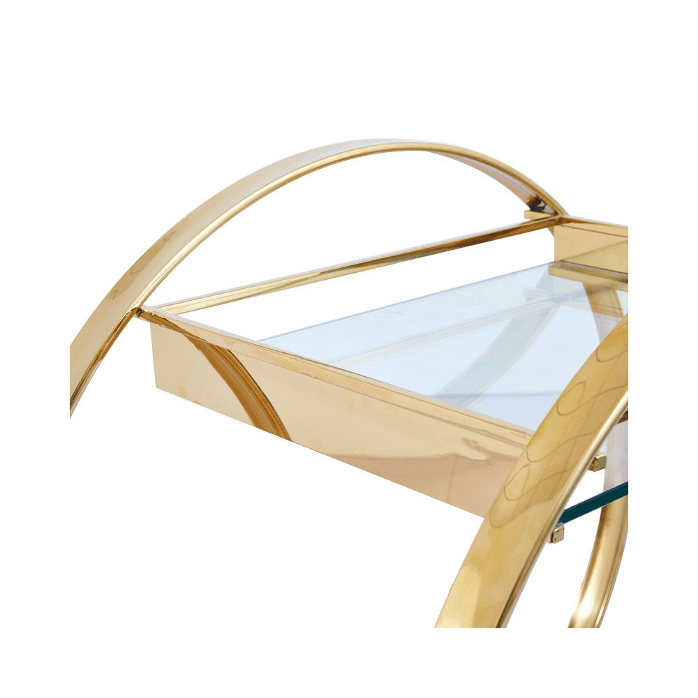 96cm Gold Metal and Clear Glass Drinks Trolley- 2Parts