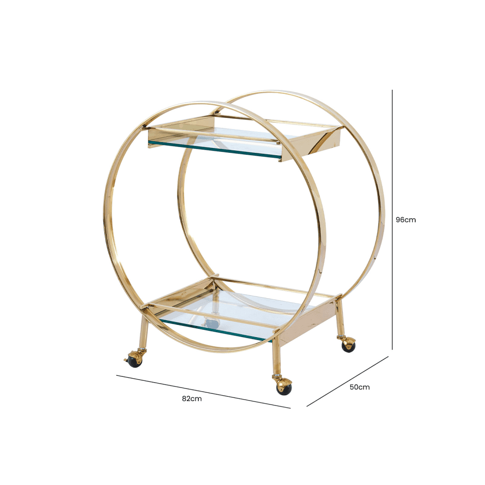 96cm Gold Metal and Clear Glass Drinks Trolley- 2Parts