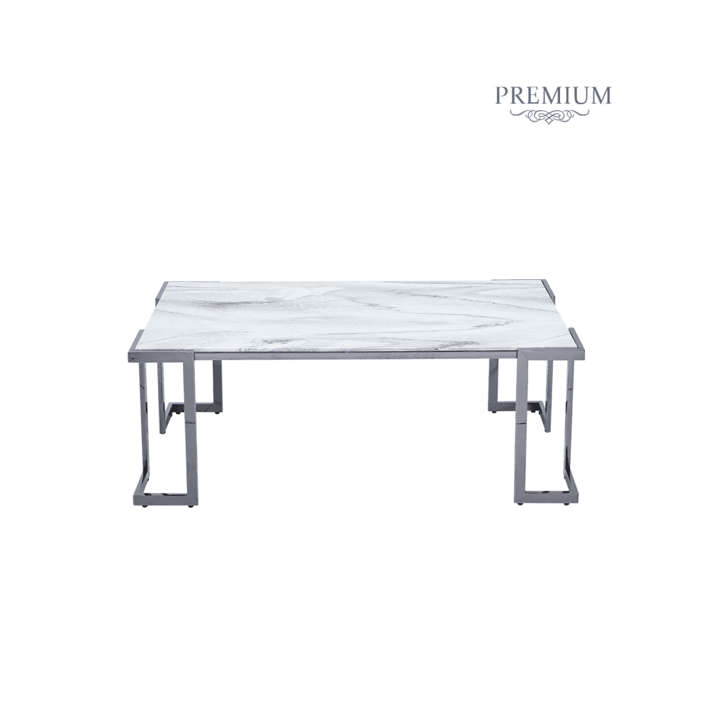 Aamari Grey Gunmetal Coffee Table with White Faux Marble Glass Top-KD