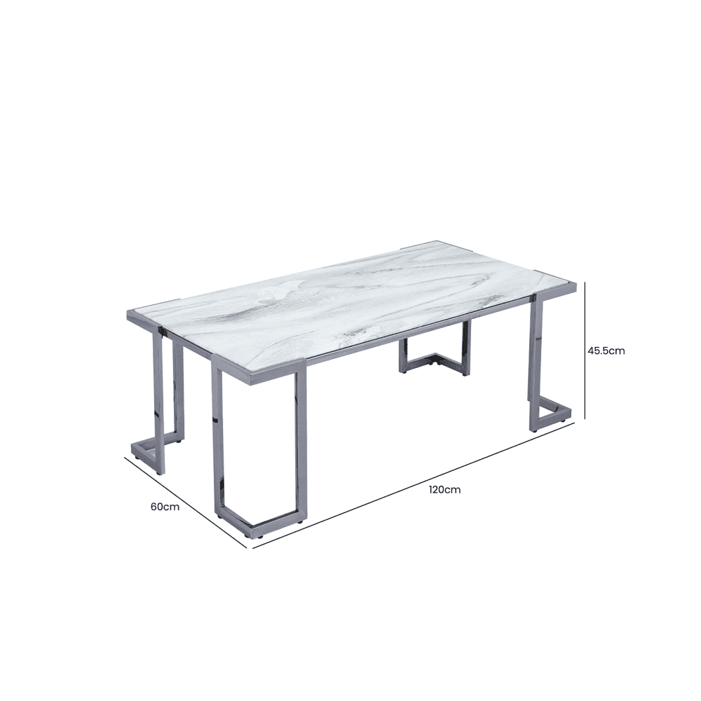 Aamari Grey Gunmetal Coffee Table with White Faux Marble Glass Top-KD