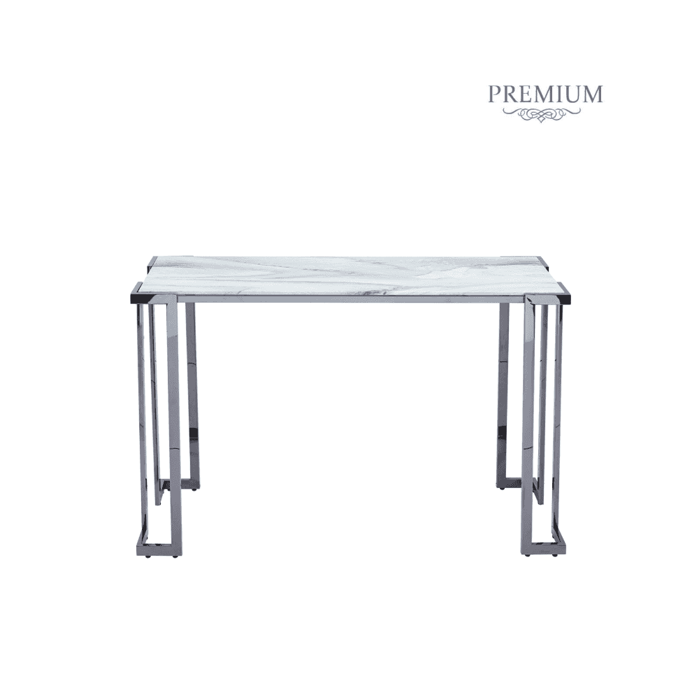 Aamari Grey Gunmetal Console Table with White Faux Marble Glass Top-KD
