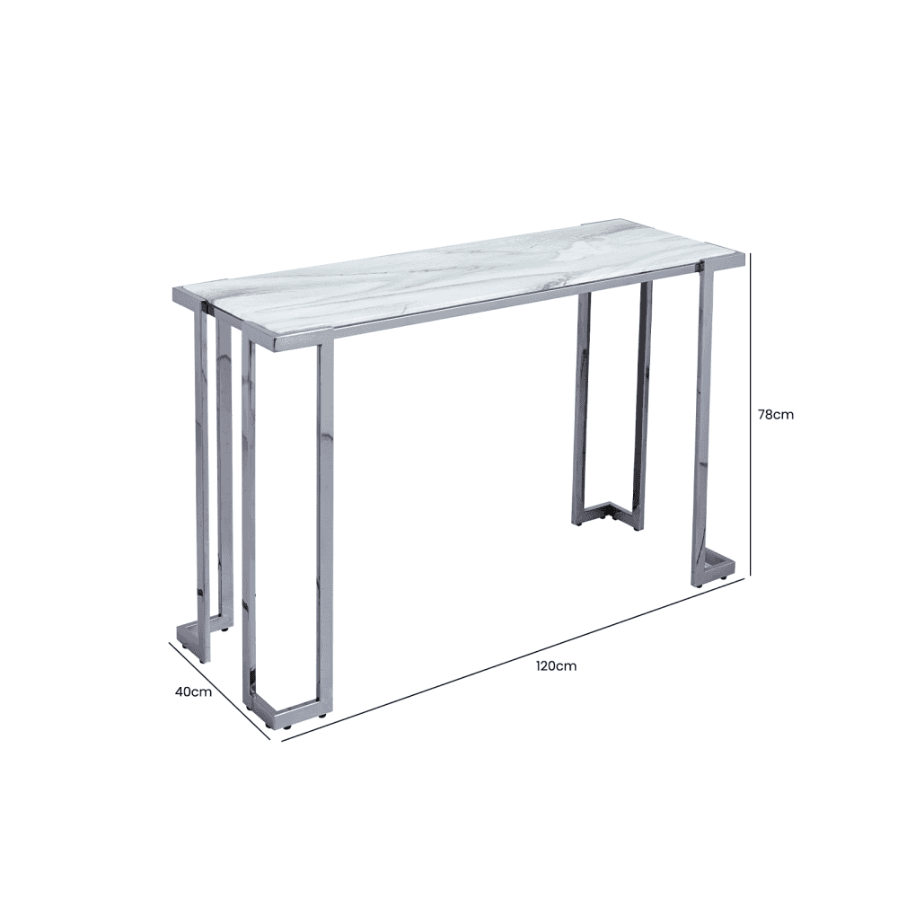 Aamari Grey Gunmetal Console Table with White Faux Marble Glass Top-KD