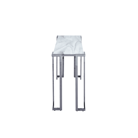 Aamari Grey Gunmetal Console Table with White Faux Marble Glass Top-KD