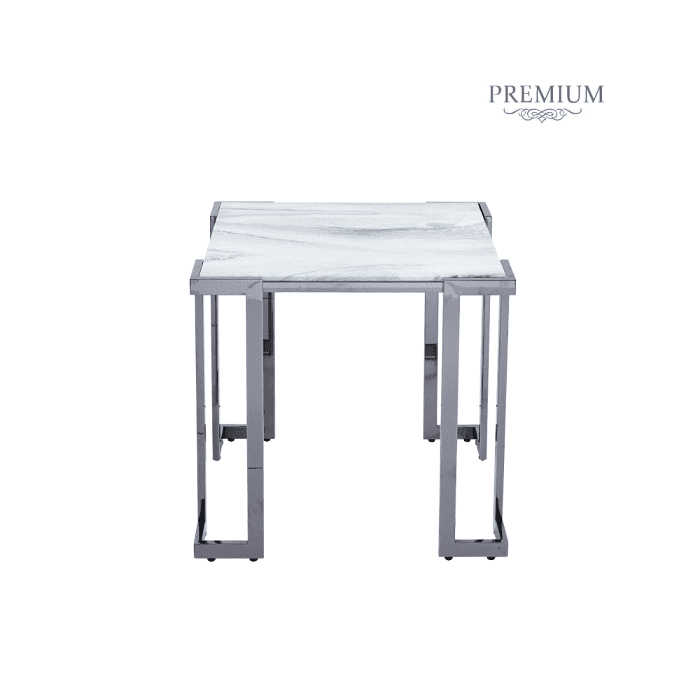 Aamari Grey Gunmetal End Table with White Faux Marble Glass Top-KD