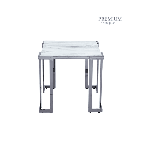 Aamari Grey Gunmetal End Table with White Faux Marble Glass Top-KD