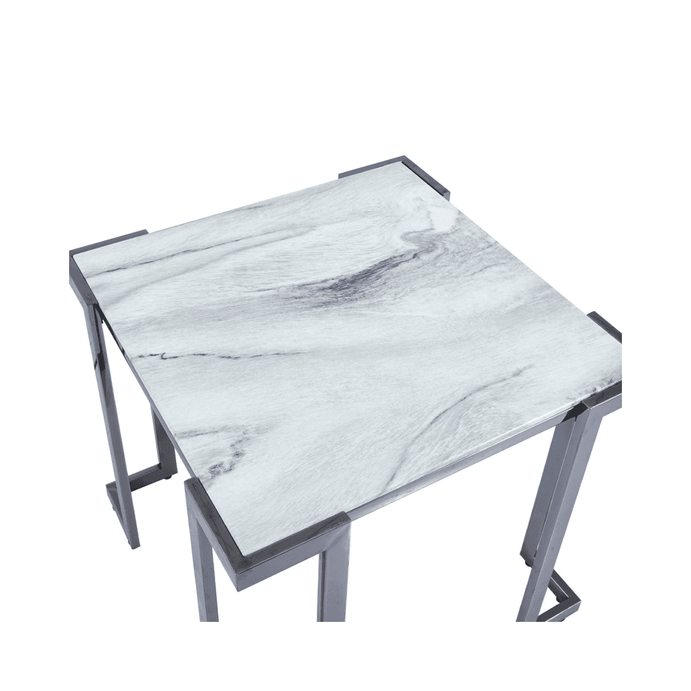 Aamari Grey Gunmetal End Table with White Faux Marble Glass Top-KD