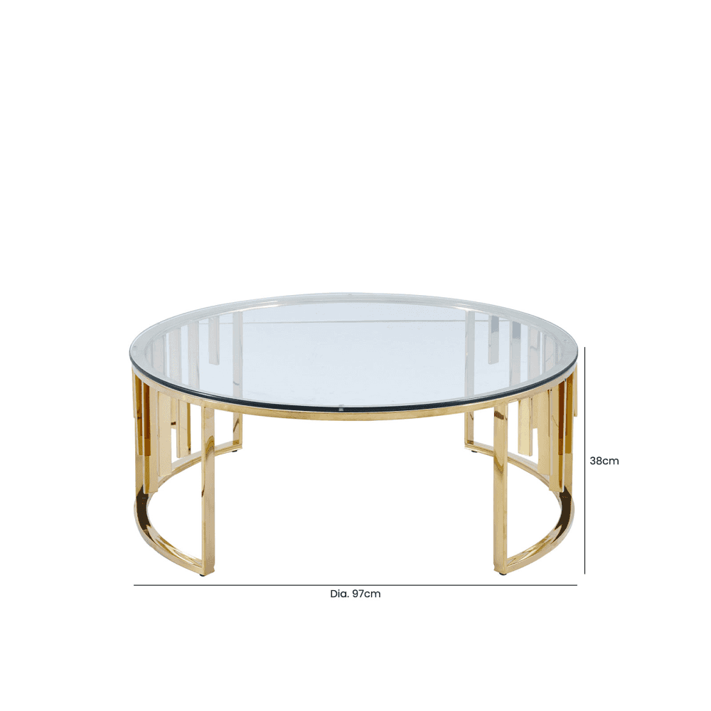 Owen Round Gold Metal Coffee Table with Clear Glass Top-2 Parts
