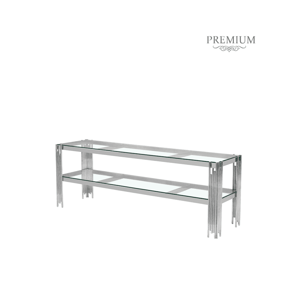 Cohen Chrome Steel Tubes Entertainment Unit with Clear Glass Shelves