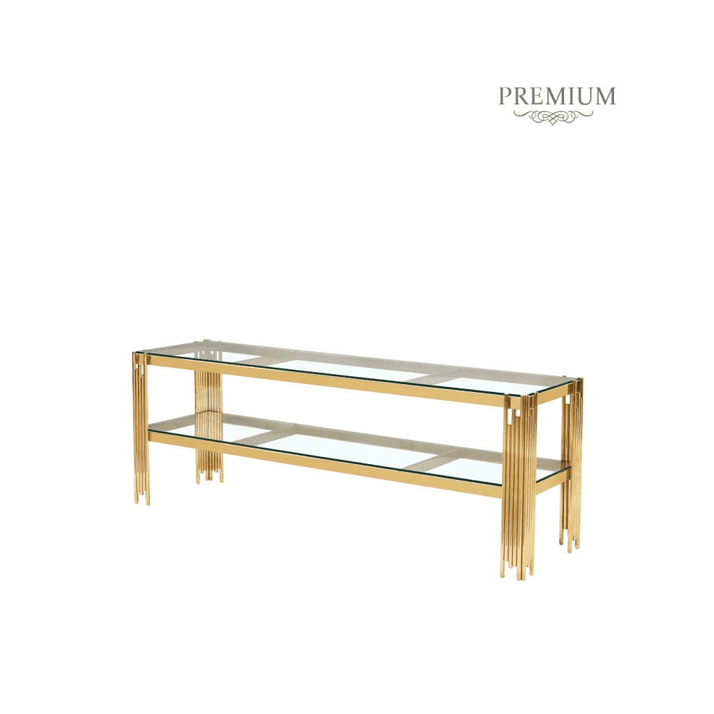 Cohen Gold Steel Tubes Entertainment Unit with Clear Glass Shelves