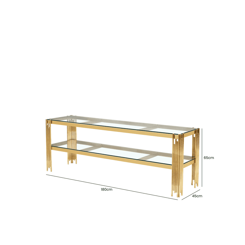Cohen Gold Steel Tubes Entertainment Unit with Clear Glass Shelves