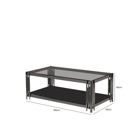 Cohen Black Gunmetal Steel Tubes and Smoke Glass Top Coffee Table - Black Bottom Glass