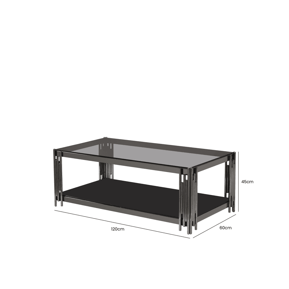 Cohen Black Gunmetal Steel Tubes and Smoke Glass Top Coffee Table - Black Bottom Glass