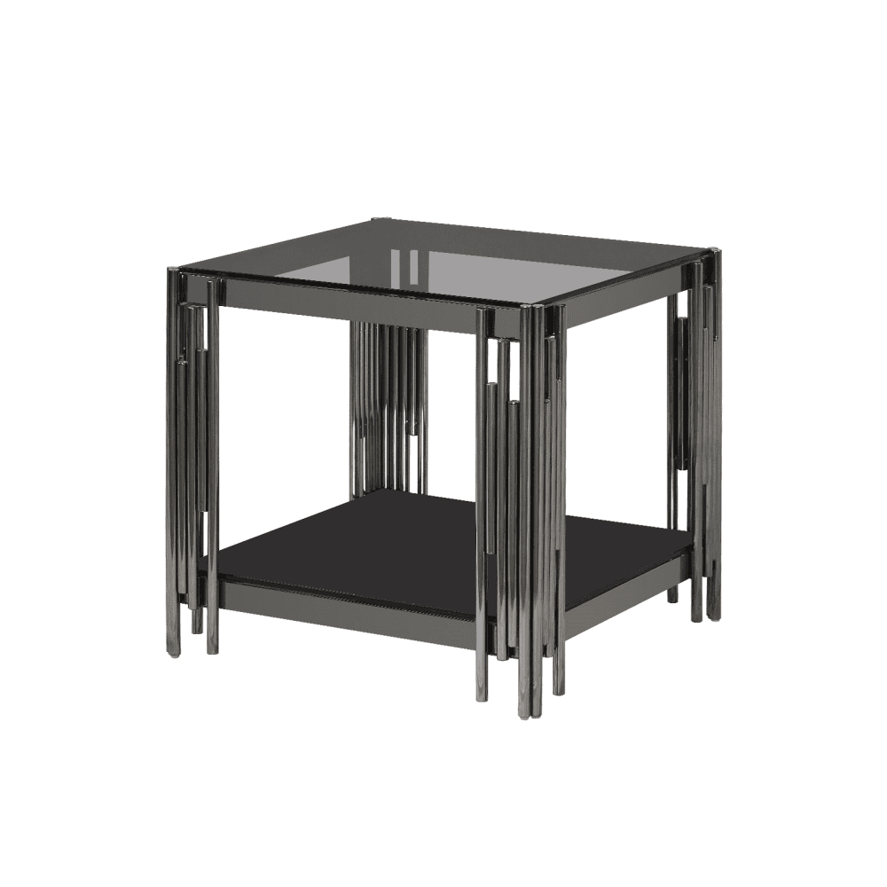 Cohen Black Gunmetal Steel Tubes and Smoke Glass Top End Table - Black Bottom Glass