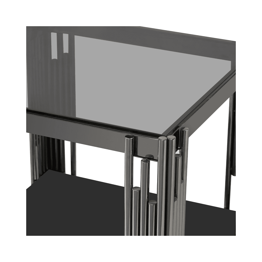 Cohen Black Gunmetal Steel Tubes and Smoke Glass Top End Table - Black Bottom Glass