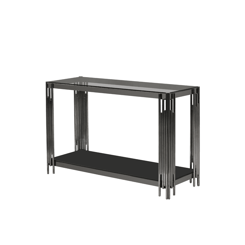 Cohen Black Gunmetal Steel Tubes and Smoke Glass Top Console Table - Black Bottom Glass