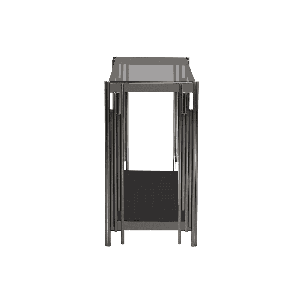 Cohen Black Gunmetal Steel Tubes and Smoke Glass Top Console Table - Black Bottom Glass