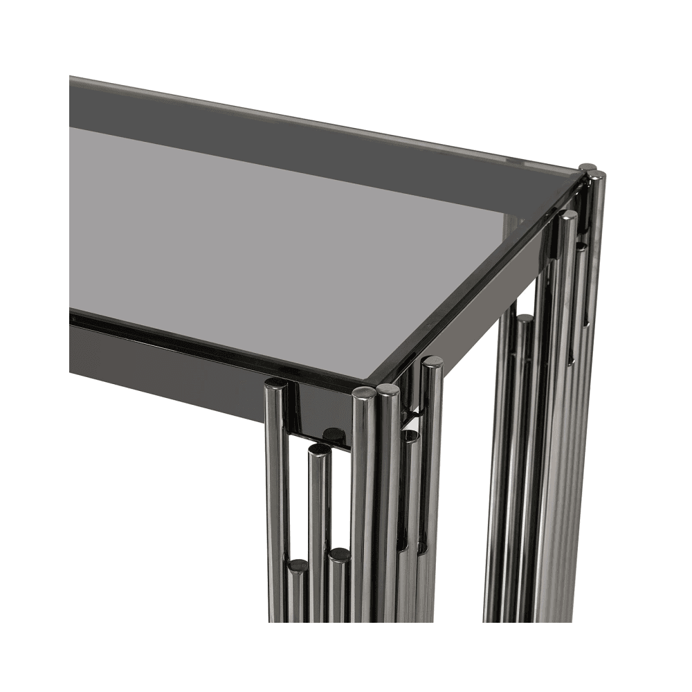 Cohen Black Gunmetal Steel Tubes and Smoke Glass Top Console Table - Black Bottom Glass