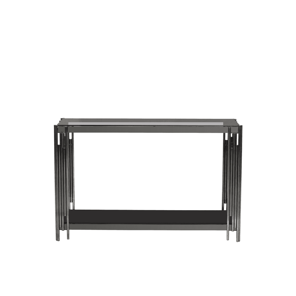 Cohen Black Gunmetal Steel Tubes and Smoke Glass Top Console Table - Black Bottom Glass