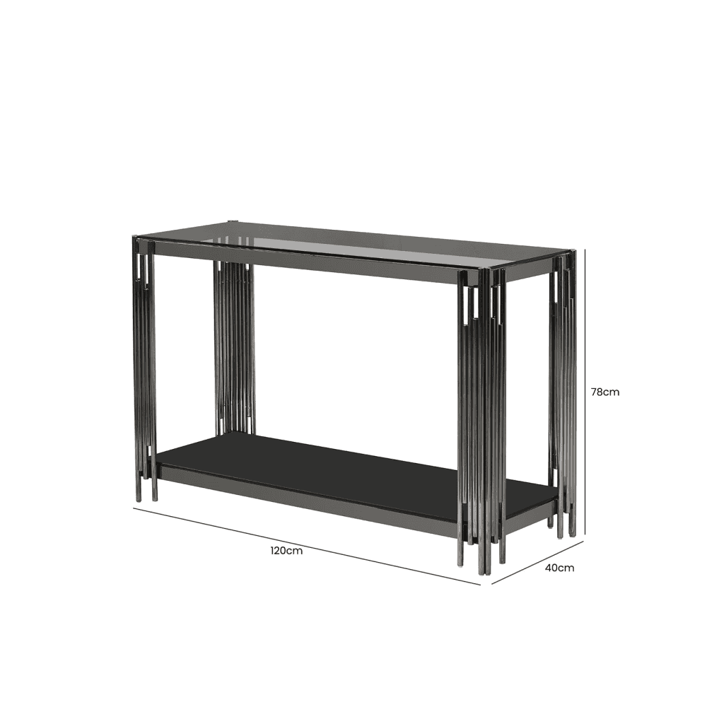 Cohen Black Gunmetal Steel Tubes and Smoke Glass Top Console Table - Black Bottom Glass