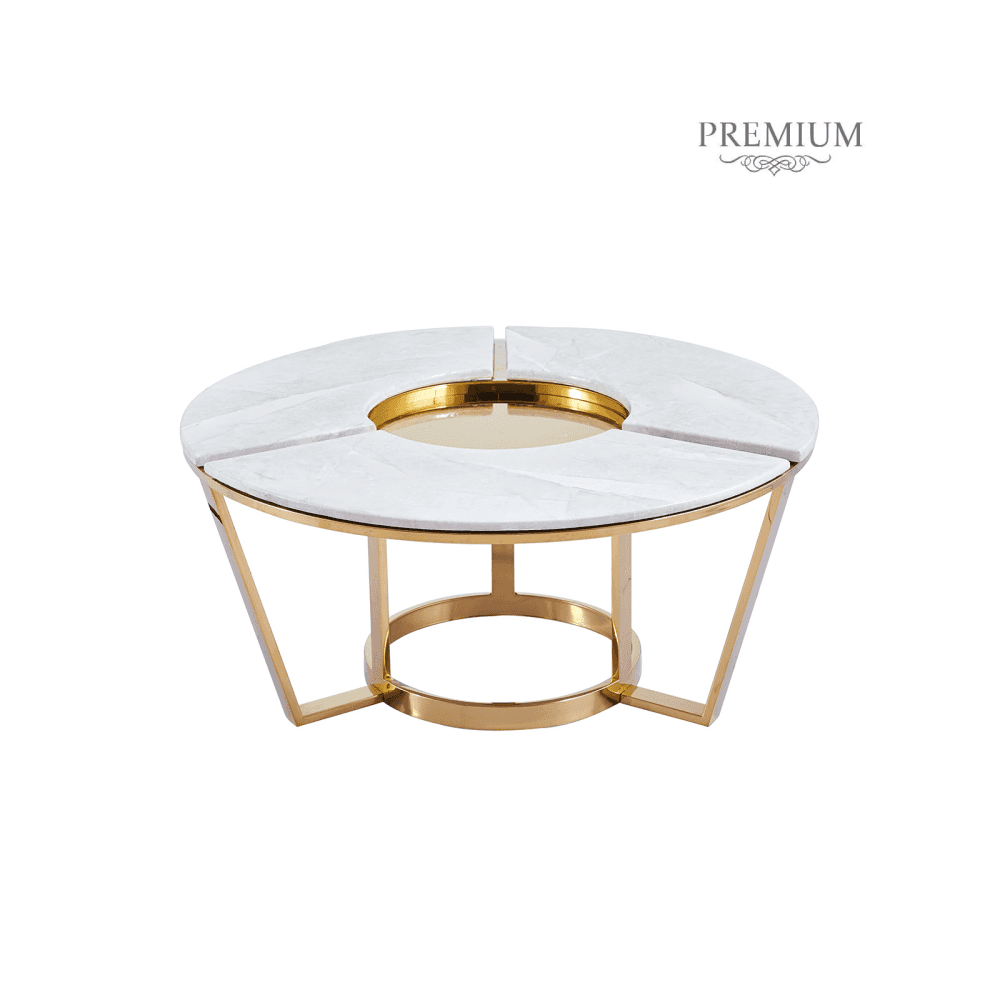 100cm Round Gold Metal Coffee Table with White Faux Marble Top - 2 Parts