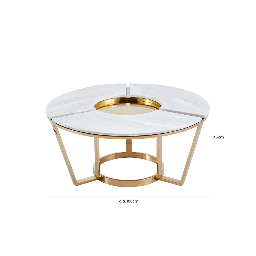 100cm Round Gold Metal Coffee Table with White Faux Marble Top - 2 Parts