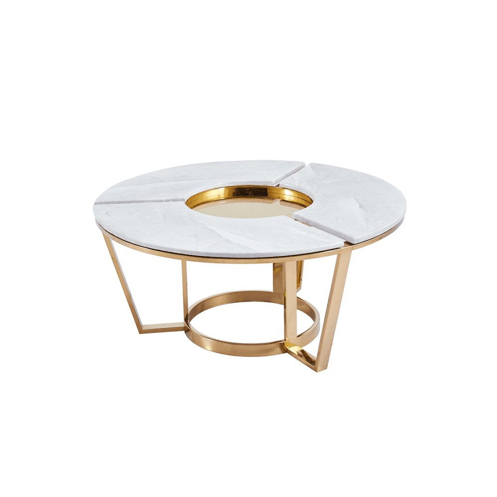 100cm Round Gold Metal Coffee Table with White Faux Marble Top - 2 Parts