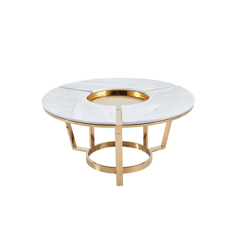 100cm Round Gold Metal Coffee Table with White Faux Marble Top - 2 Parts
