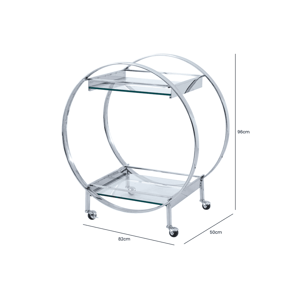 96cm Chrome Metal and Clear Glass Drinks Trolley - 2 Parts