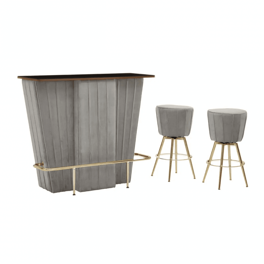 Westend Bar And Grey Velvet Stools Set