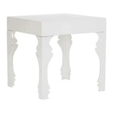 White high gloss side table with carved scroll legs, angled view