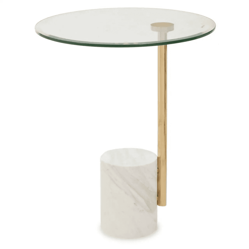 Belmore Clear Glass Side Table With Gold Frame And White Marble Base