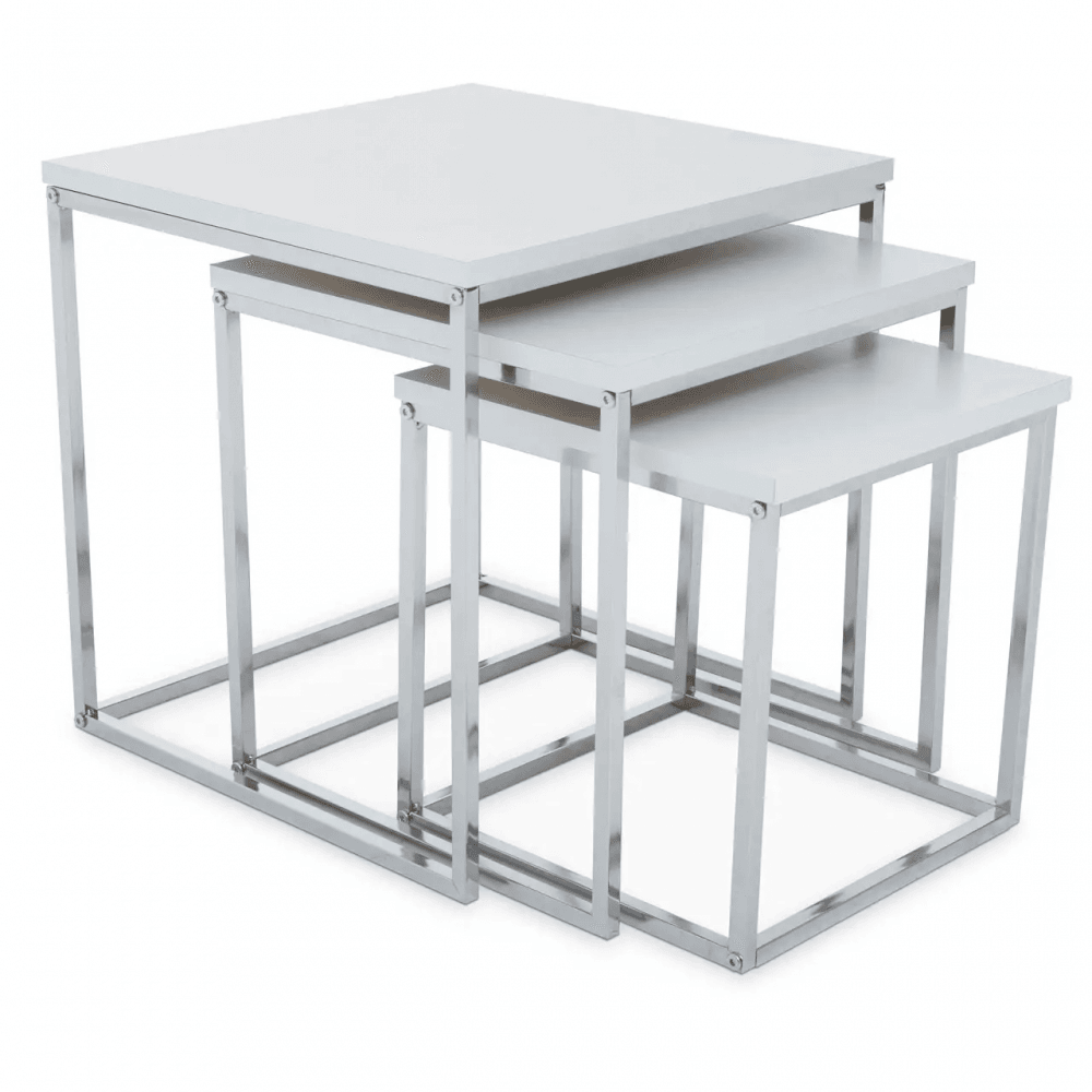 Lancaster Matte White Nest Of 3 Tables With Chrome Frame