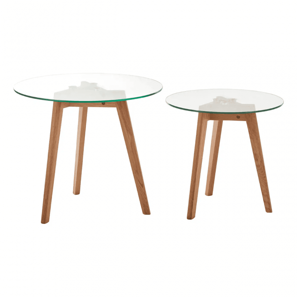Solara Set Of Two Glass Top Oak Wood Side Tables