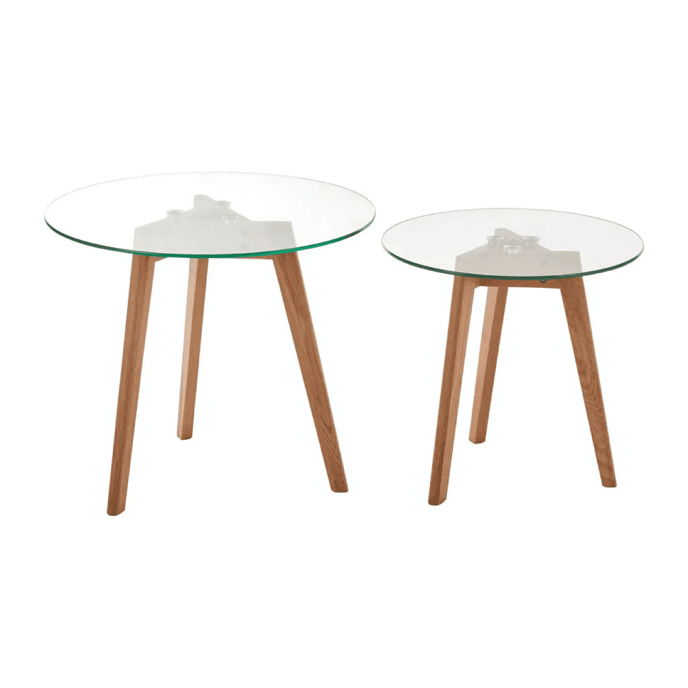 Solara Set Of Two Glass Top Oak Wood Side Tables