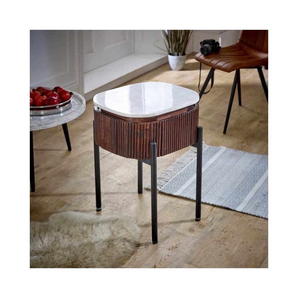 Opal Mango Wood Bedside Table With Marble Top & Metal Legs