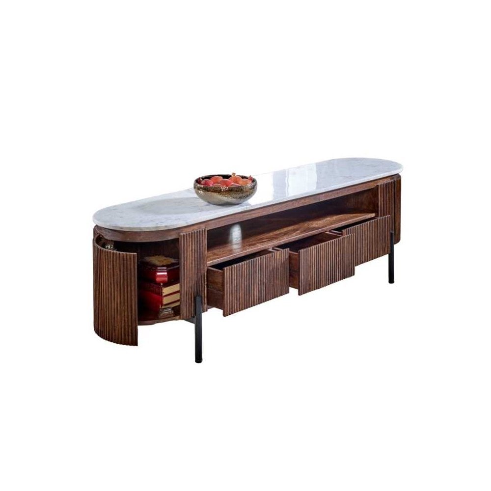 Opal Mango Wood Large Tv Stand With Marble Top & Metal Legs
