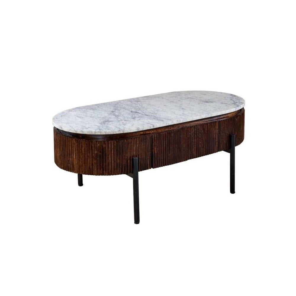 Opal Mango Wood Rectangular Fluted Coffee Table With Marble Top & Metal Legs