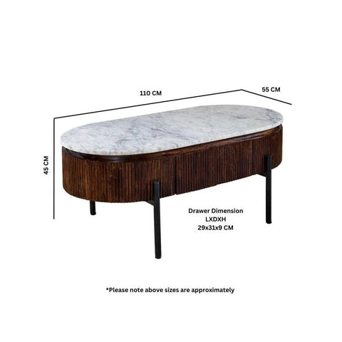 Opal Mango Wood Rectangular Fluted Coffee Table With Marble Top & Metal Legs