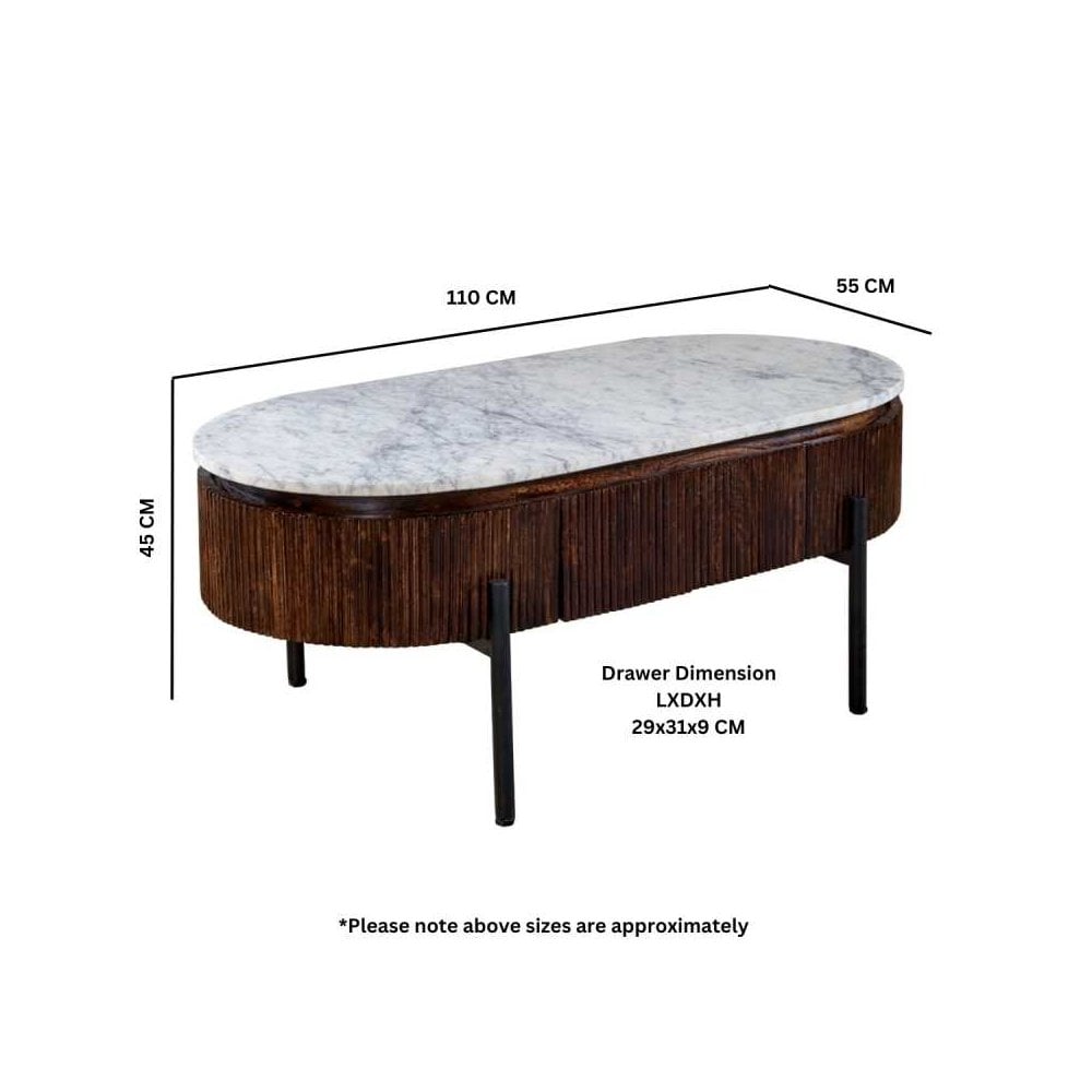 Opal Mango Wood Rectangular Fluted Coffee Table With Marble Top & Metal Legs