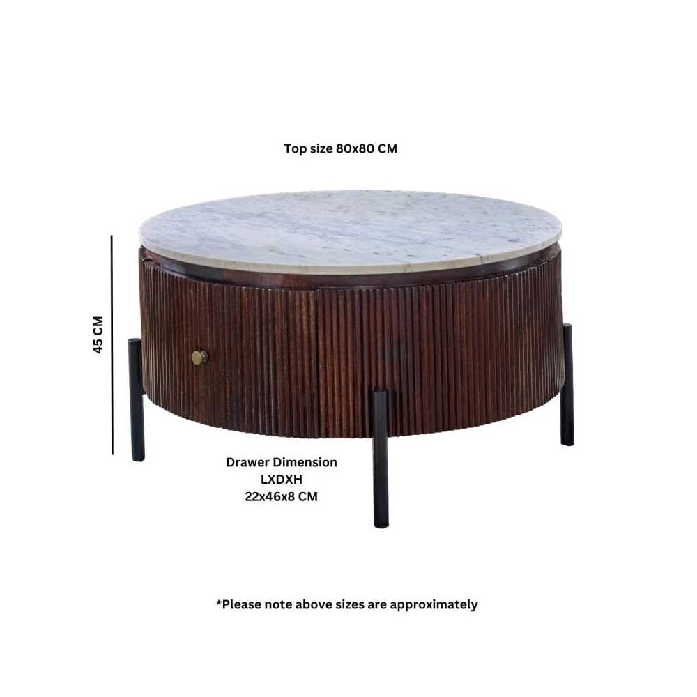 Opal Mango Wood Round Fluted Coffee Table With Marble Top & Metal Legs