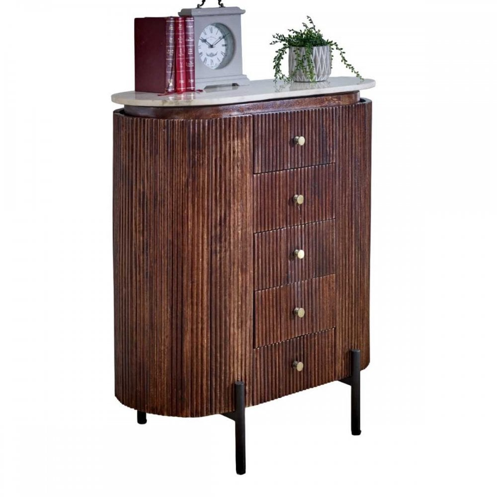 Opal Mango Wood Wide Chest Of Drawers With Marble Top & Metal Legs