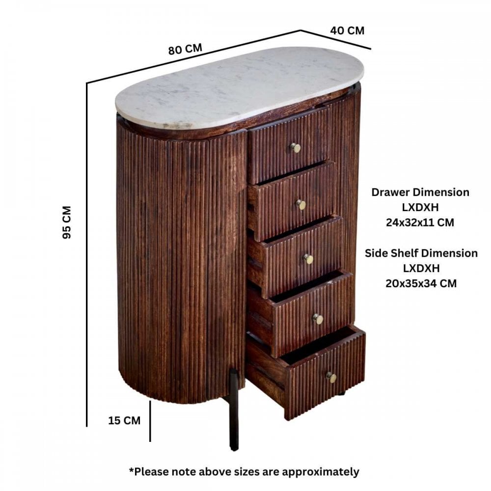 Opal Mango Wood Wide Chest Of Drawers With Marble Top & Metal Legs