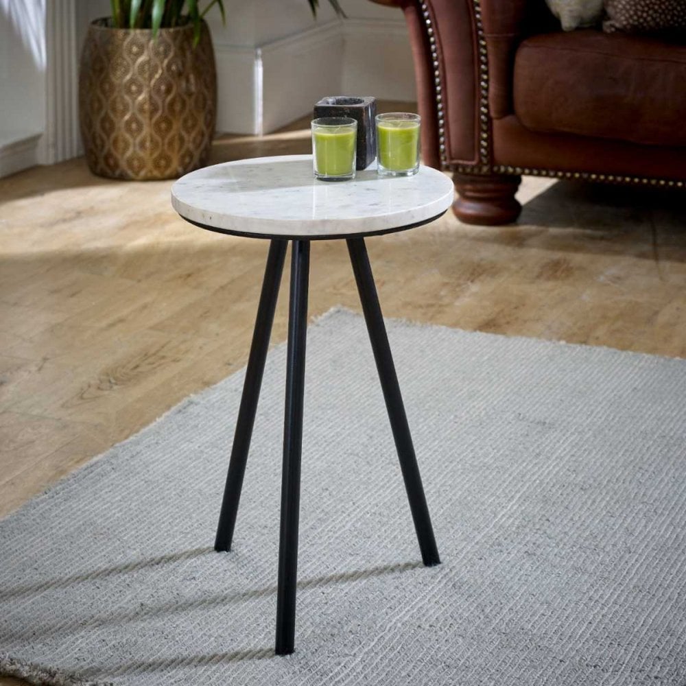 Opal Side Table With White Marble Top & Metal Legs